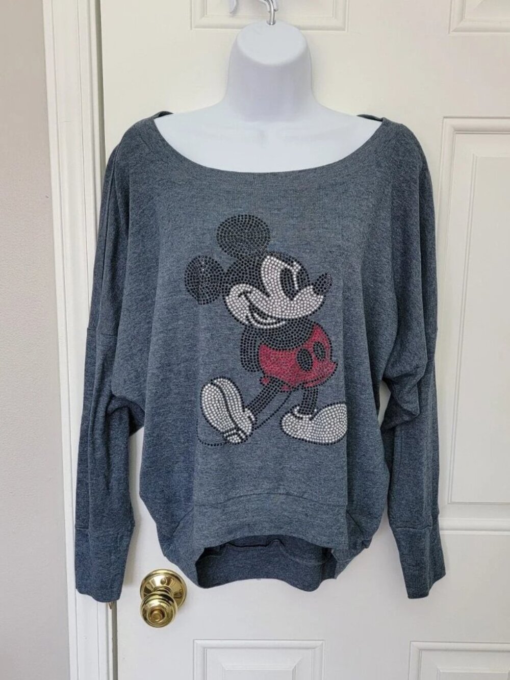 Disney Parks Crystal Bedazzled Slouchy Dolman Sleeve Mickey Mouse Sweatshirt L